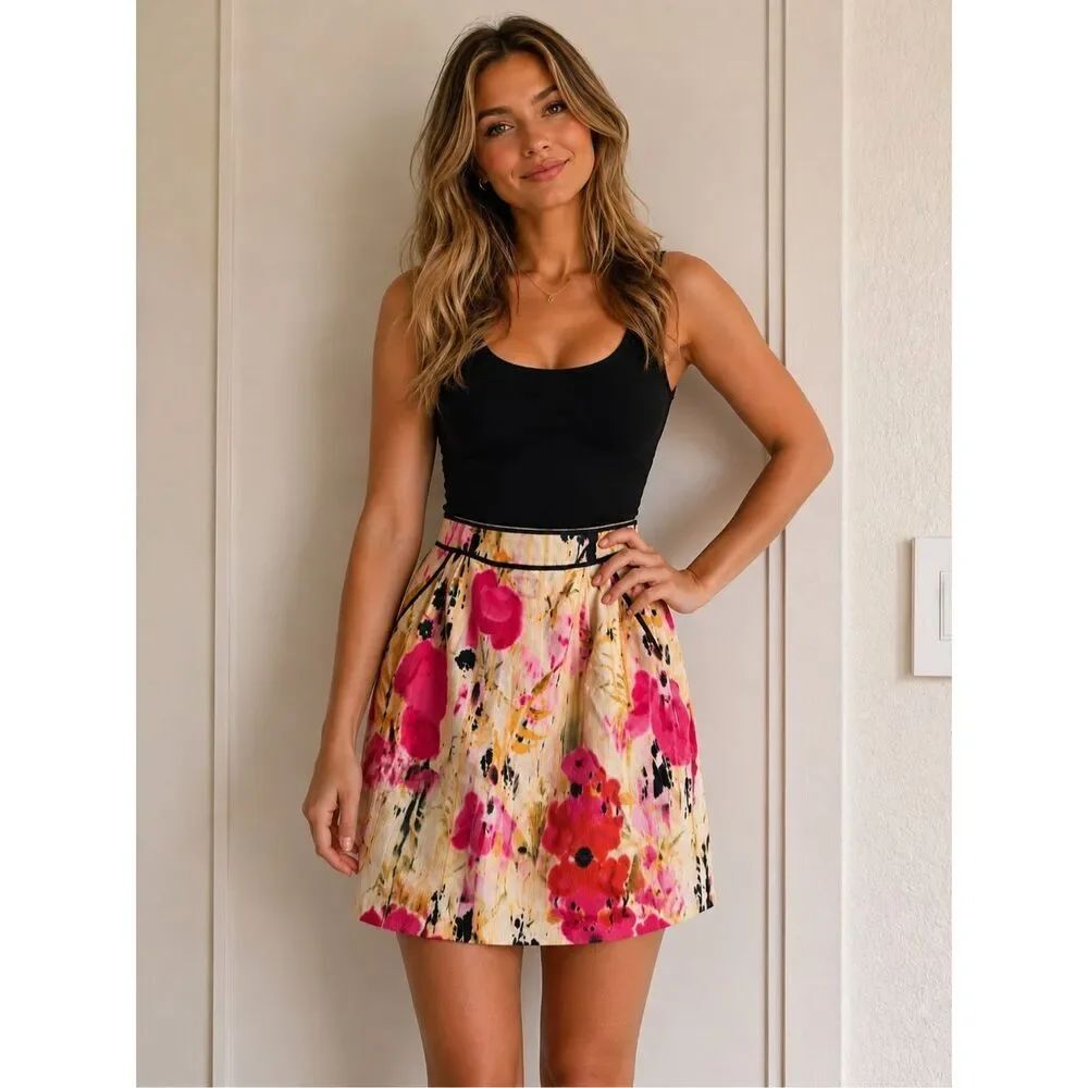 ✨Anthropologie Tabitha Rain Poppy Watercolor Floral A-Line Sz 12 Skirt✨
